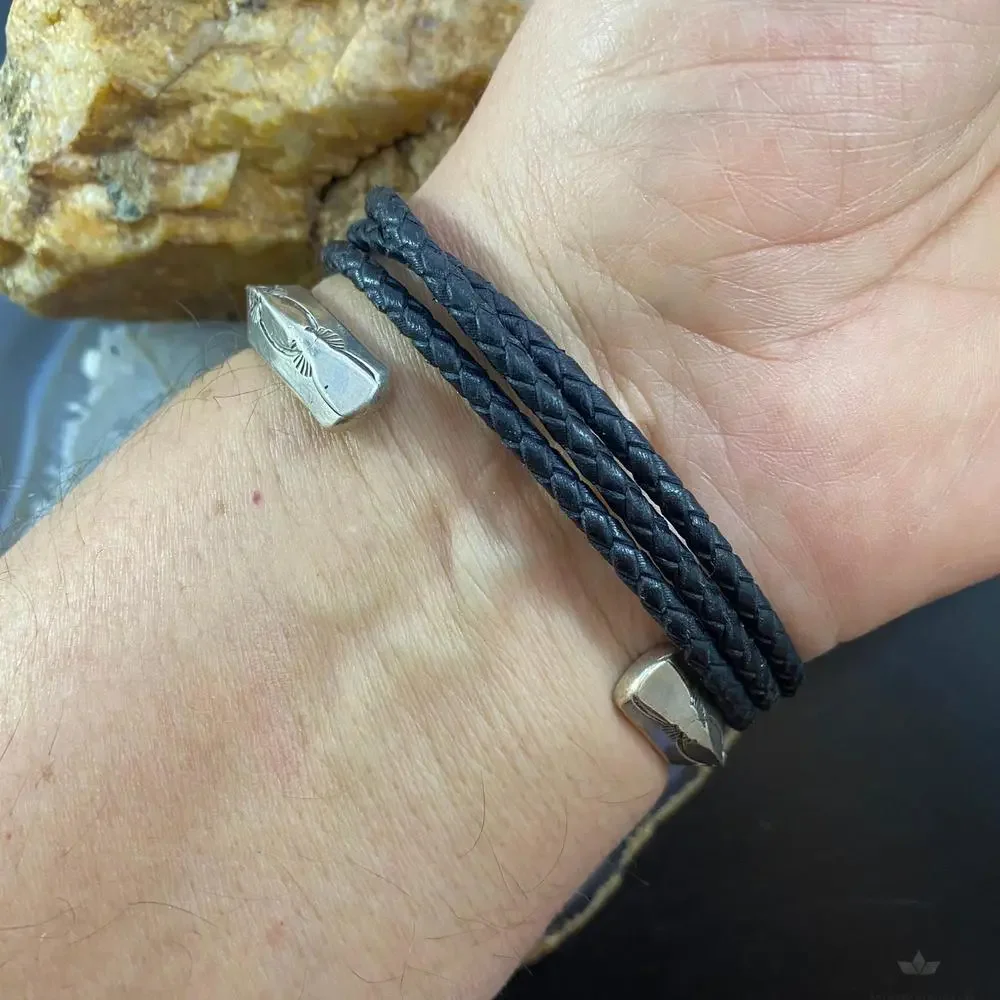 Vintage Signed Native American Sterling Silver Solid Carinated Bracelet For Men - Picture 3 of 10